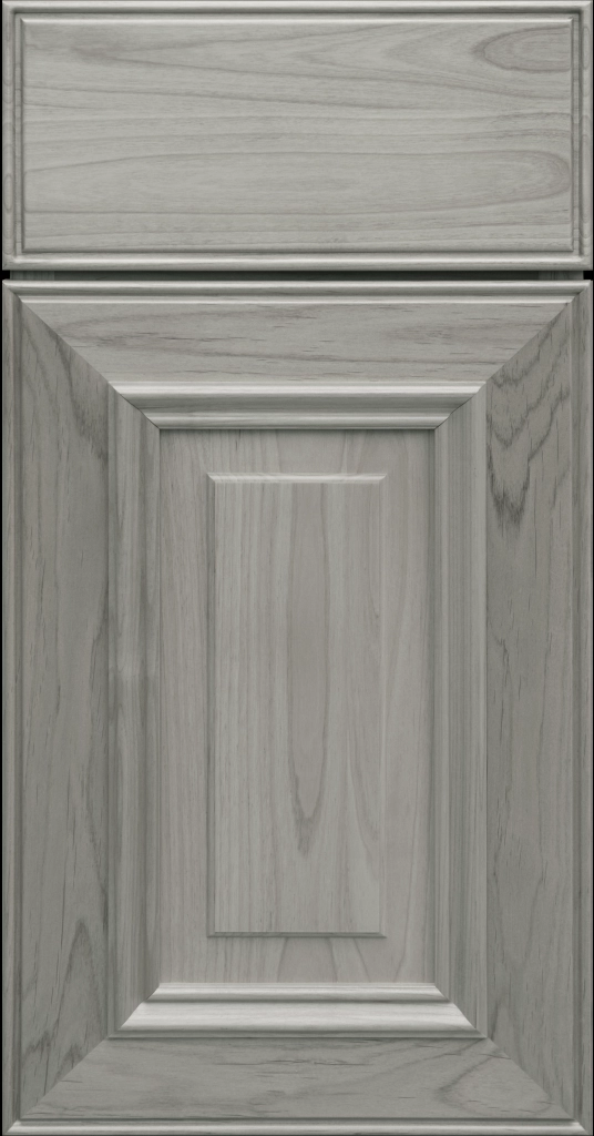 Custom Oyster Stain Anderson Raised Panel Kitchen Cabinet Door and matching Slab Drawer Front.